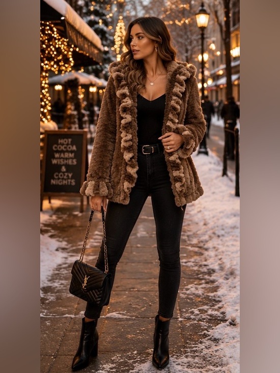 Damselle New York Jackets & Blazers - Damselle New York Faux Fur Ruffle Coat XS Brown Teddy Jacket Hooded Glam Winter